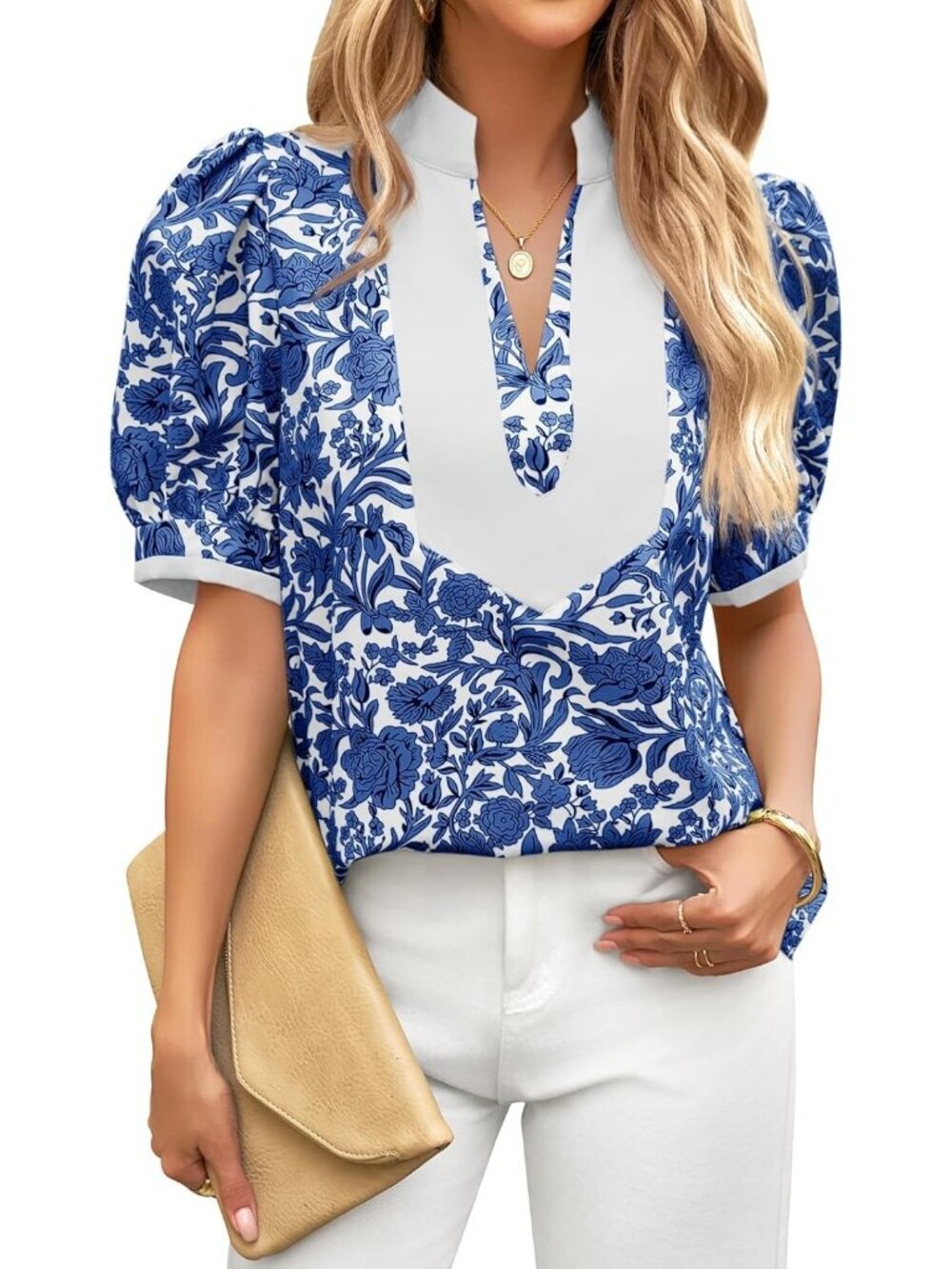 Women's Floral Short Puff Sleeve Tops Navy V Neck Patchwork Summer Blouse